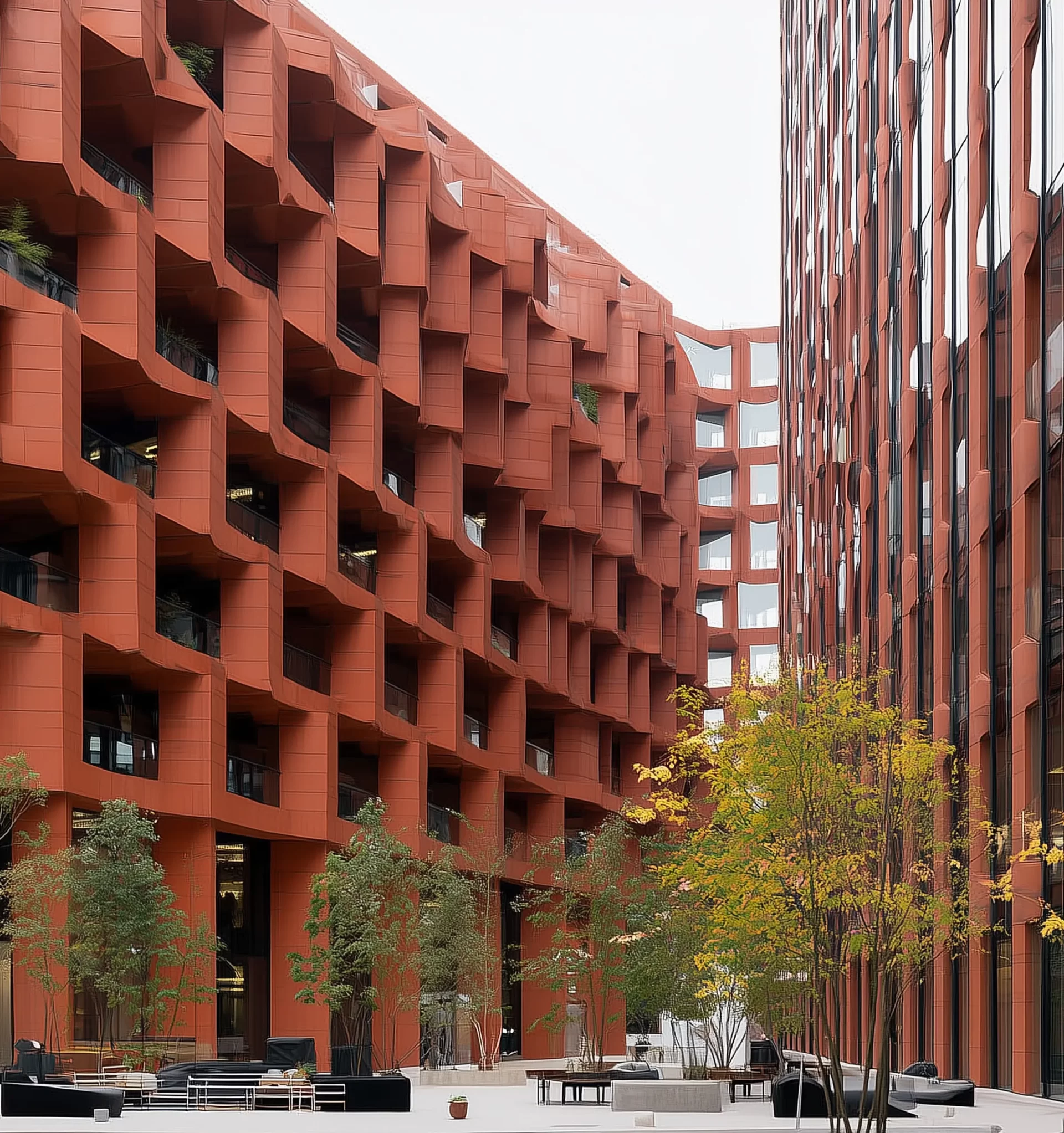Modern terracotta business center with geometric facade